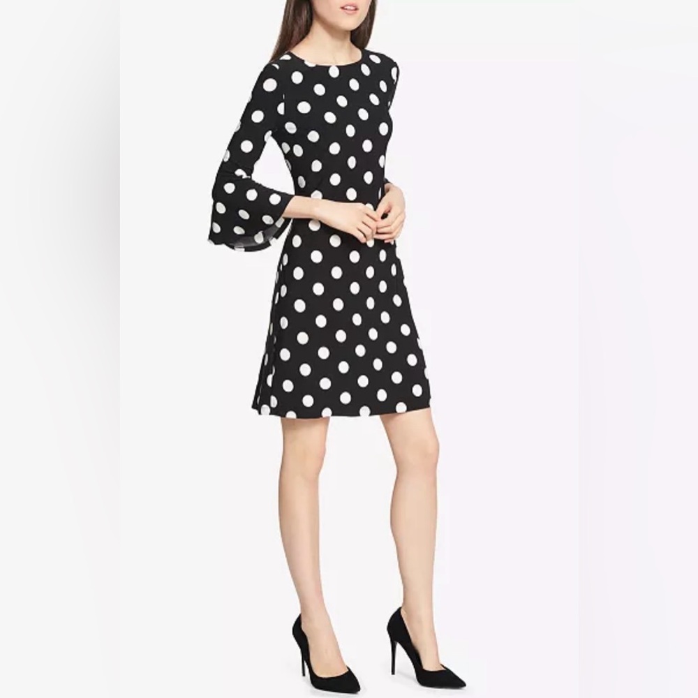 Tommy Hilfiger Black and White Polka Dot Dress Bell Sleeves Zipper in back